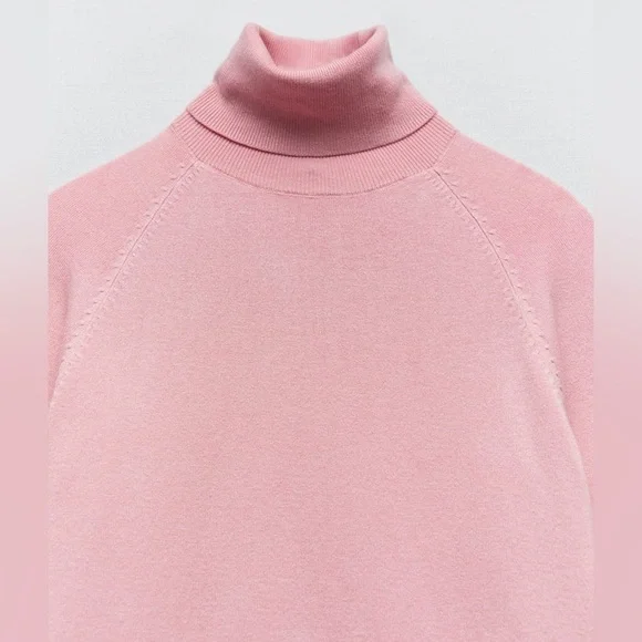 Zara High Collar Turtleneck Fine Ribbed Knit 3/4 Sleeve Sweater in Pink - Picture 5 of 14
